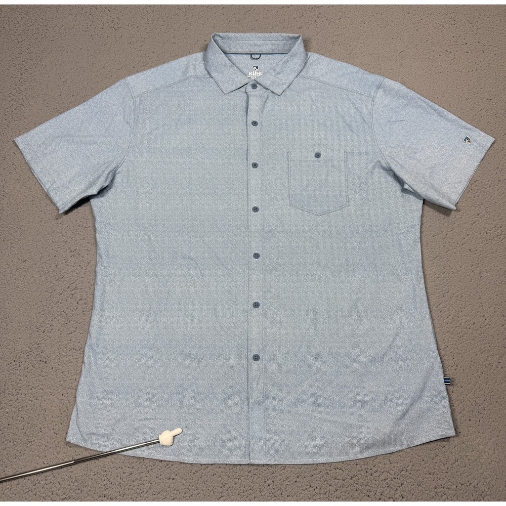 Kuhl Persuadr Shirt Mens XL Blue Herringbone Twill Short Sleeve Button Up Casual